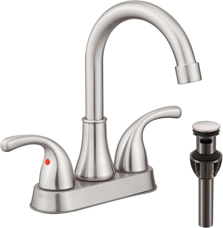 Bathroom Sink Faucet FRANSITON 4 Inch Faucet 2 Handle Bathroom Sink Faucet Lead-Free Brushed Nickel Bath Sink Faucet with Pop-up Drain Stopper and Supply Hoses