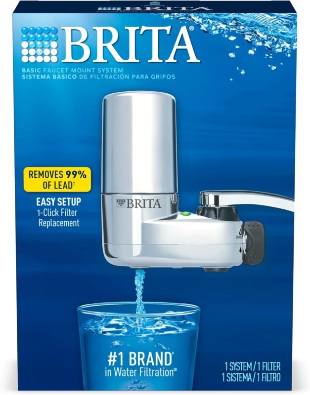 Brita Water Filter for Sink, Faucet Mount Water Filtration System for Tap Water with 1 Replacement Filter, Reduces 99% of Lead, Chrome