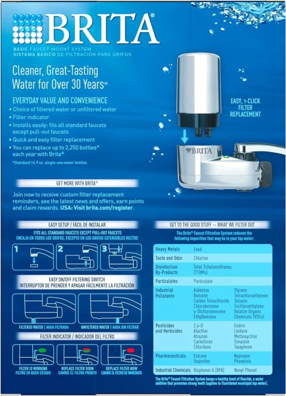 Brita Water Filter for Sink, Faucet Mount Water Filtration System for Tap Water with 1 Replacement Filter, Reduces 99% of Lead, Chrome