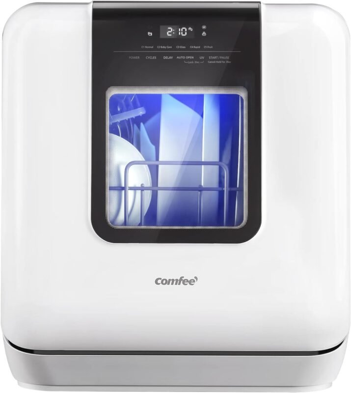 COMFEE Portable Mini Dishwasher Countertop with 5L Built-in Water Tank for Apartments RVs, No Hookup Needed, 6 Programs, 360° Dual Spray, 192℉ High-Temp Air-Dry Function