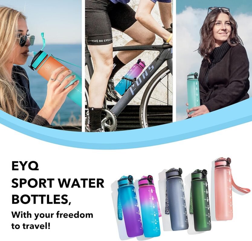 EYQ 32 oz Water Bottle with Time Marker, Carry Strap, Leak-Proof Tritan BPA-Free, Ensure You Drink Enough Water for Fitness, Gym, Camping, Outdoor Sports