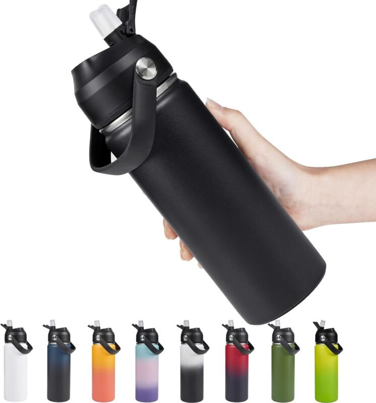 Kerilyn Stainless Steel Insulated Water Bottle, 18oz Double Wall Vacuum Insulated Water Bottle Leak Proof with Silicone Straw, Wide Mouth Lid, BPA Free, Keep Cold and Hot, 18oz, Black