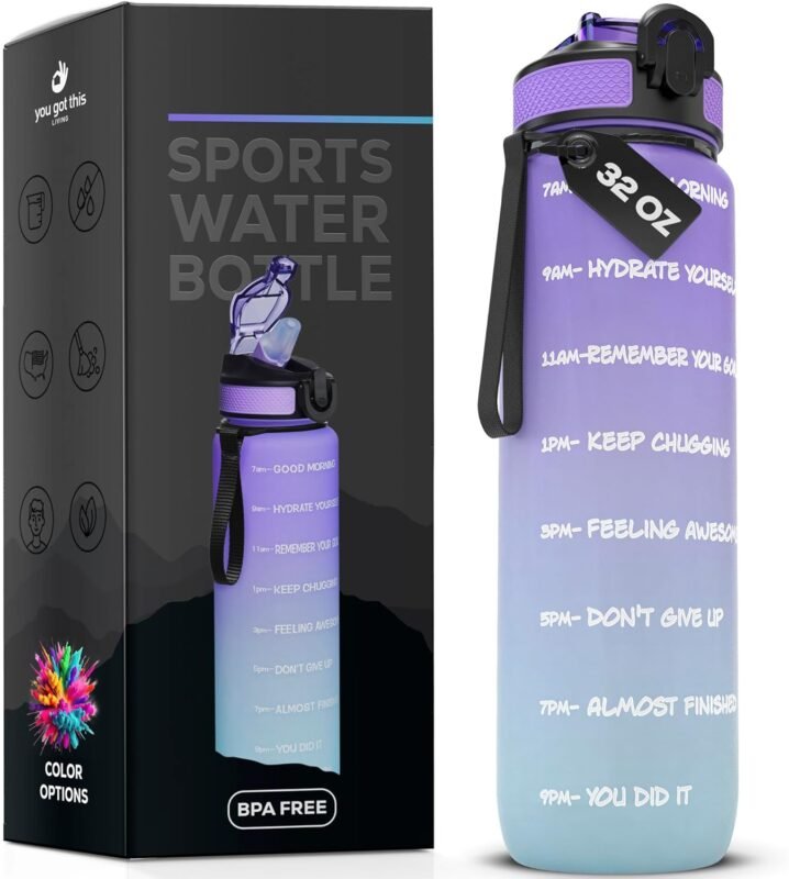 Motivational Sports Water Bottle,32 ounce Water Bottle with Time Marker,1 Liter Gym Water Bottle, One Click Open-Easy Carry Handle SpillProof,BPA FREE