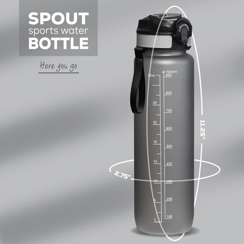 Motivational Sports Water Bottle,32 ounce Water Bottle with Time Marker,1 Liter Gym Water Bottle, One Click Open-Easy Carry Handle SpillProof,BPA FREE