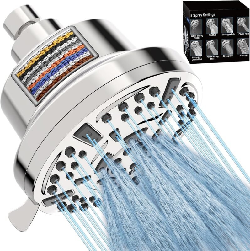 Nuioewe Shower Head, 5.7 Fixed High-Pressure Filtered Shower Heads, 8 Modes, 360°Adjusted, Tool-Free Install, Shower Filter for Hard Water, Remove Harmful  Chlorine, Relaxed Shower (Luxury Chrome)