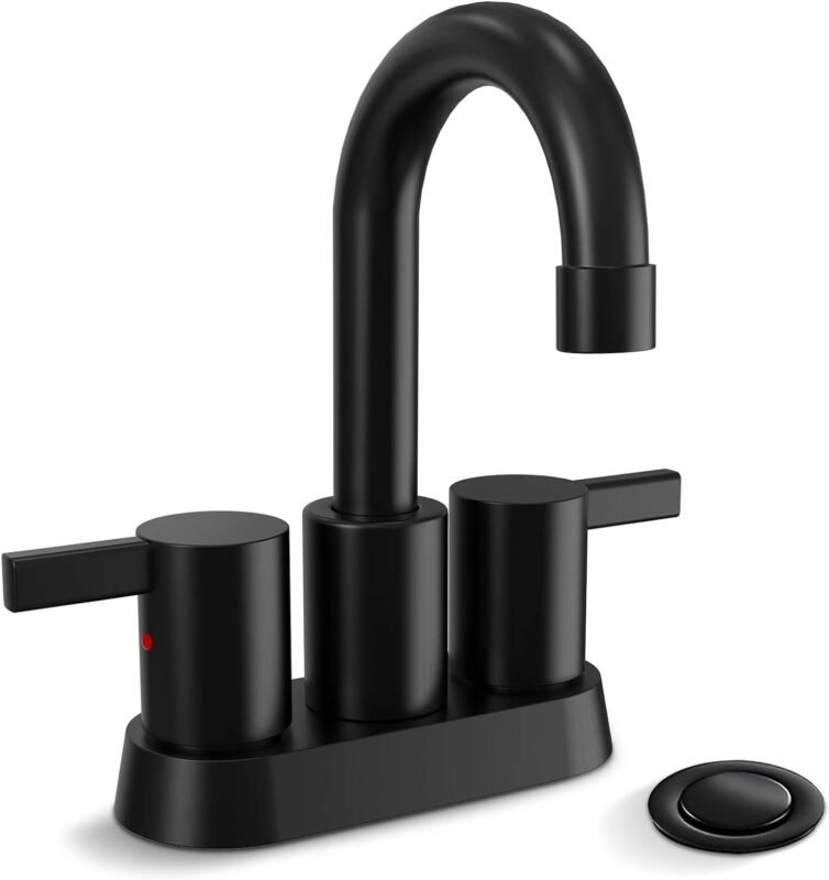 Phiestina 4 Inch 2 Handle Centerset Matte Black Lead-Free Modern Bathroom Faucet, 360 Swivel Spout 2-3 Hole RV Bathroom Vanity Sink Faucet with Pop Up Drain and Water Supply Lines，BF015-1-MB