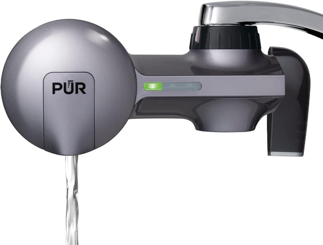 PUR PLUS Faucet Mount Water Filtration System, 3-in-1 Powerful, Natural Mineral Filtration with Lead Reduction, Horizontal, Metallic Grey, PFM350V