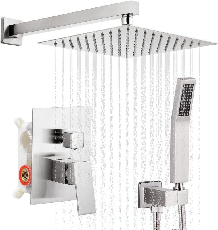 Qomolangma 12 inch Rain Shower System, Bathroom Shower Faucet Set with Pressure Balance Valve, Wall Mounted 2-Functions Shower Systems with Rain Shower and Handheld Spray Shower Trim Included