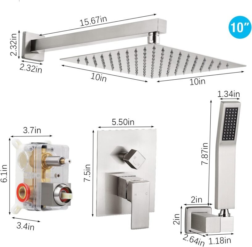 Qomolangma 12 inch Rain Shower System, Bathroom Shower Faucet Set with Pressure Balance Valve, Wall Mounted 2-Functions Shower Systems with Rain Shower and Handheld Spray Shower Trim Included