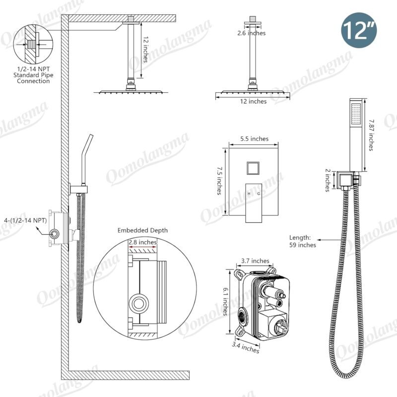 Qomolangma 12 inch Rain Shower System, Bathroom Shower Faucet Set with Pressure Balance Valve, Wall Mounted 2-Functions Shower Systems with Rain Shower and Handheld Spray Shower Trim Included