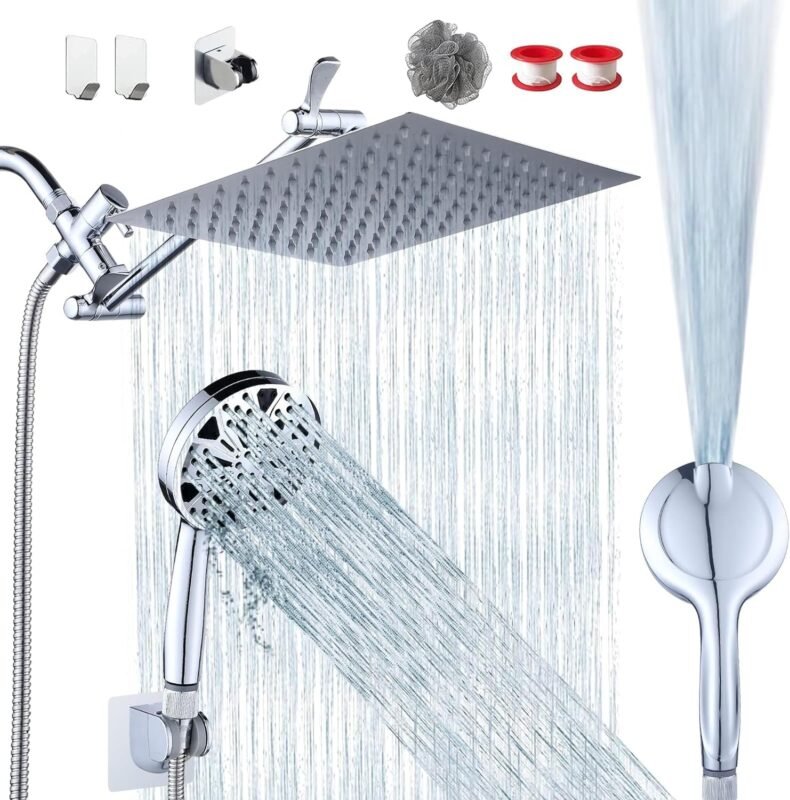 Razime 10Rainfall Shower Head with Handheld Combo High Pressure 8+2 MODE built-in power wash, Stainless Steel Chrome Showerhead with 11 Extension Arm Height/Angle Adjustable with Holder60Hose