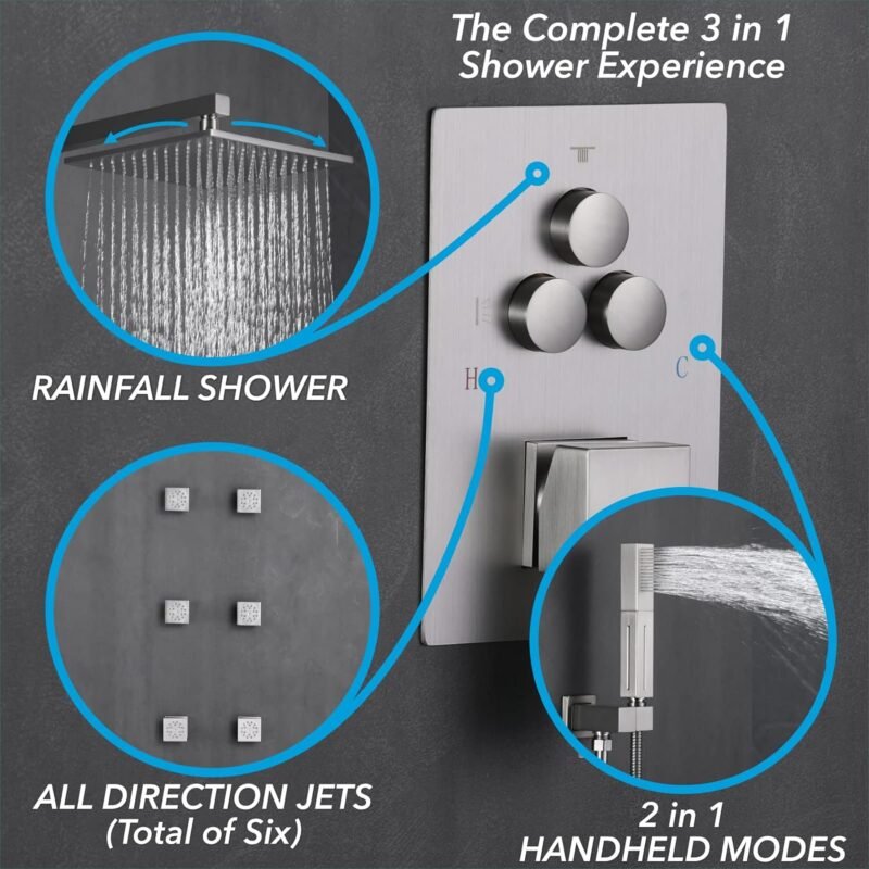 VANFOXLE Shower Faucet Set Brushed Nickel Shower System,Push Button Diverter Shower Faucet with 2 in 1 Handheld,Wall Mount 10 Inch Shower Head with 6 PCS Dual Modes Body Jets(2 Inch)